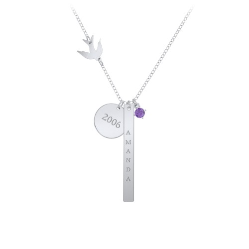 Milestone Necklace with Bird Charm – Sterling Silver with Amethyst