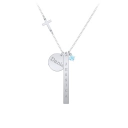 Milestone Necklace with Cross Charm in 925 Sterling Silver with Blue Topaz