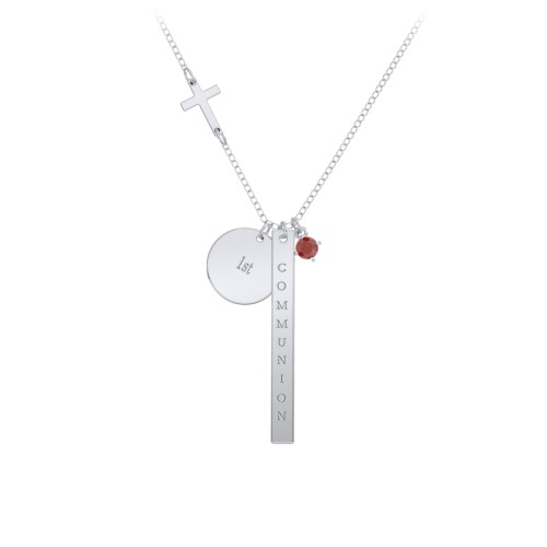 Milestone Necklace with Cross Charm – Sterling Silver with Garnet