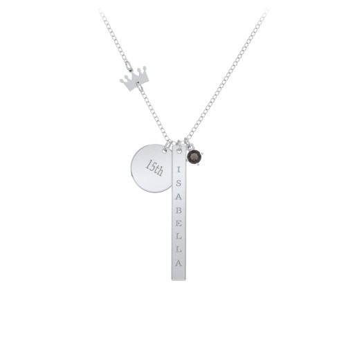Milestone Necklace with Crown Charm – Sterling Silver with Smokey Quartz