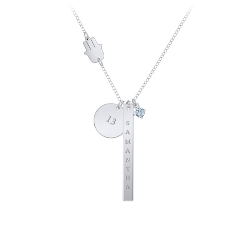 Milestone Necklace with Hamsa Charm – Sterling Silver with Aquamarine