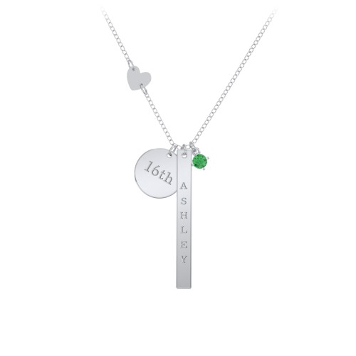 Milestone Necklace with Heart Charm – Sterling Silver with Emerald