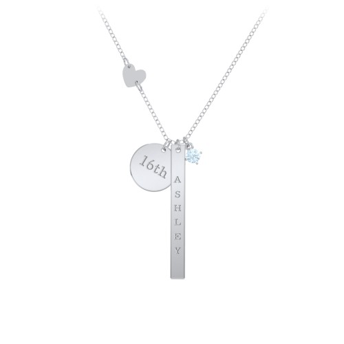 Milestone Necklace with Heart Charm – Sterling Silver with Aquamarine