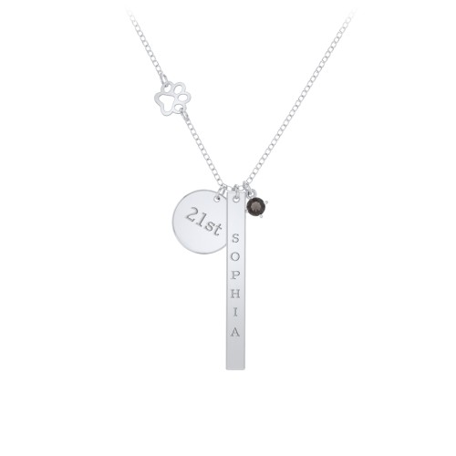 Milestone Necklace with Paw Charm – Sterling Silver with Smokey Quartz