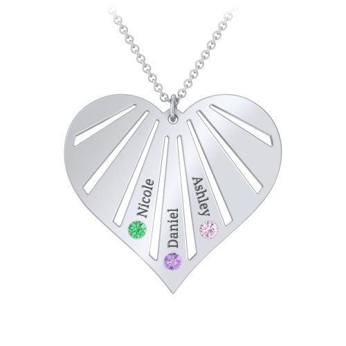 Engravable Heart Necklace with 2-7 Birthstones – Sterling Silver with Emerald, Amethyst, and Pink Tourmaline