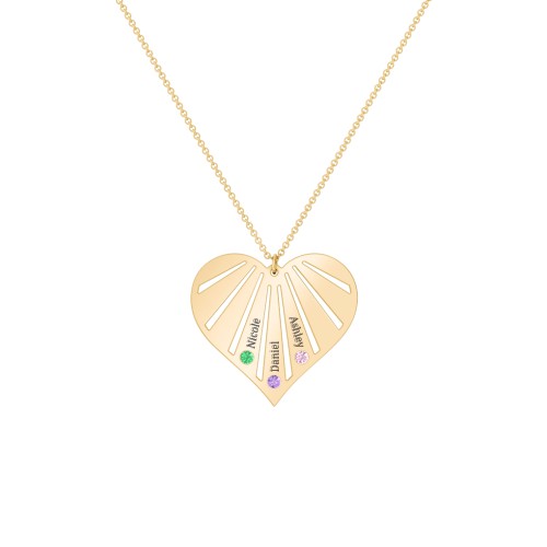 Engravable Heart Necklace with 2-7 Birthstones – 10K Yellow Gold with Emerald, Amethyst, and Pink Tourmaline