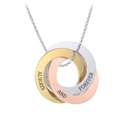 Engraved Tri Colour Interlocking Russian Rings Necklace
