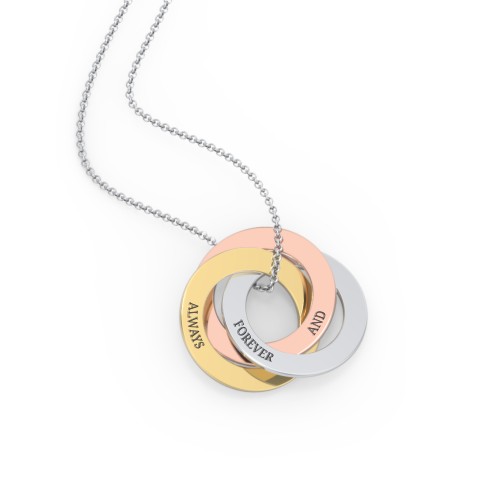 Engraved Tri Colour Interlocking Russian Rings Necklace – 10K Tri-color Gold