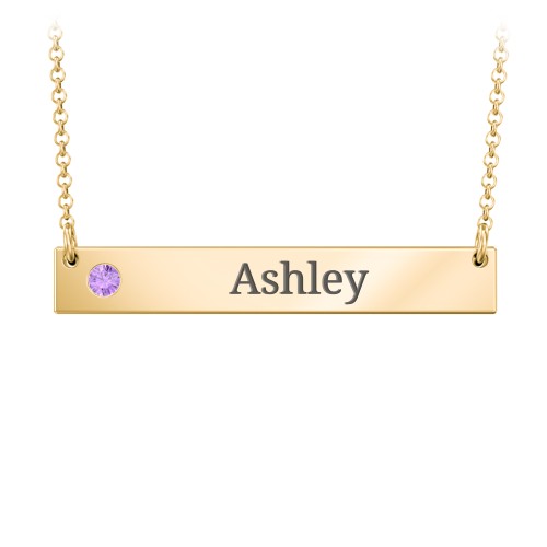 Engravable Birthstone Bar Necklace – 18K Gold Plated Silver with Amethyst