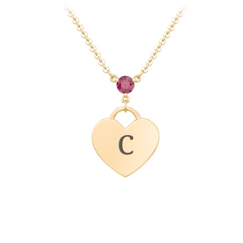 Engravable Heart Necklace with Birthstone – 10K Yellow Gold with Ruby