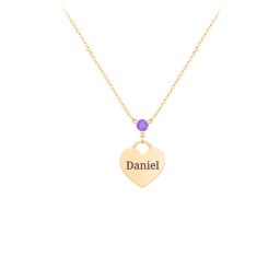 Engravable Heart Necklace with Birthstone in 10K Solid Yellow Gold with Amethyst