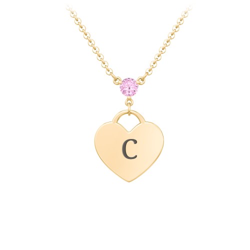 Engravable Heart Necklace with Birthstone – 10K Yellow Gold with Pink Tourmaline