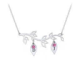 Leaf Initial Family Birthstone Necklace in 925 Sterling Silver with Ruby, Cubic Zirconia, and Fancy Pink Premium Zirconia