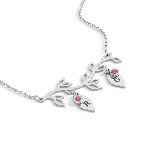 Leaf Initial Family Birthstone Necklace – Sterling Silver with Ruby