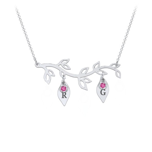 Leaf Initial Family Birthstone Necklace – Sterling Silver with Ruby