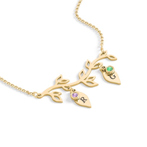 Leaf Initial Family Birthstone Necklace – 10K Yellow Gold with Amethyst and Emerald
