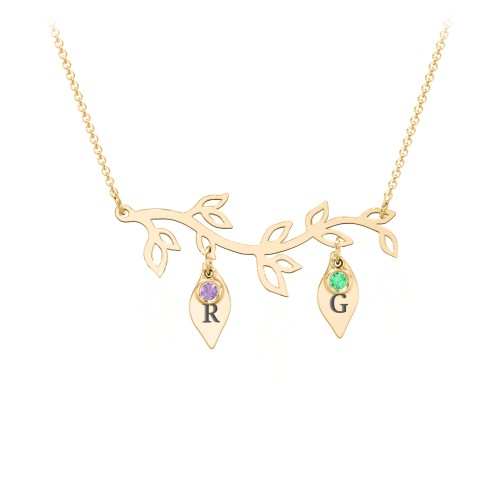 Leaf Initial Family Birthstone Necklace – 10K Yellow Gold with Amethyst and Emerald