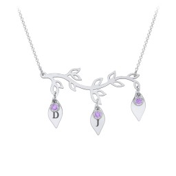 Leaf Initial Family Birthstone Necklace in 925 Sterling Silver with Amethyst and Fancy Pink Premium Zirconia