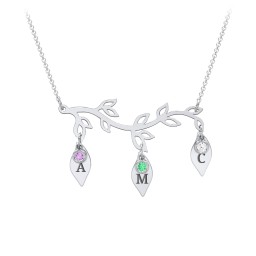 Leaf Initial Family Birthstone Necklace in 925 Sterling Silver with Amethyst, Green Premium Zirconia, Cubic Zirconia, and Fancy Pink Premium Zirconia