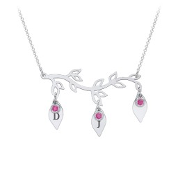 Leaf Initial Family Birthstone Necklace in 925 Sterling Silver with Ruby and Fancy Pink Premium Zirconia