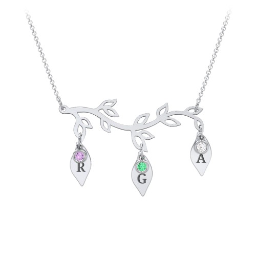 Leaf Initial Family Birthstone Necklace – Sterling Silver with Amethyst, Emerald, and Cubic Zirconia