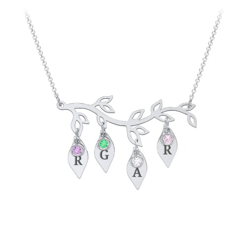Leaf Initial Family Birthstone Necklace – Sterling Silver with Amethyst, Emerald, Cubic Zirconia, and Pink Tourmaline