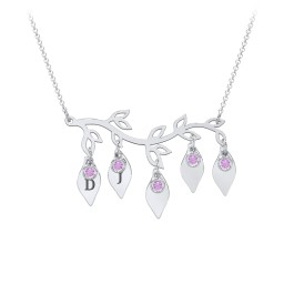 Leaf Initial Family Birthstone Necklace