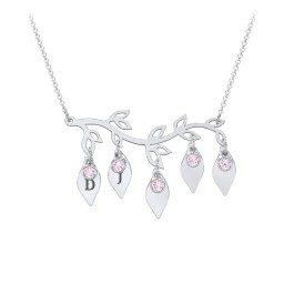 Leaf Initial Family Birthstone Necklace