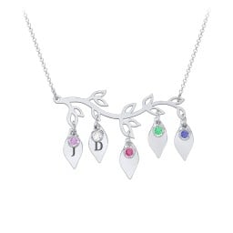 Leaf Initial Family Birthstone Necklace