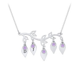 Leaf Initial Family Birthstone Necklace in 925 Sterling Silver with Amethyst