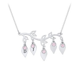 Leaf Initial Family Birthstone Necklace in 925 Sterling Silver with Pink Tourmaline