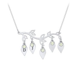 Leaf Initial Family Birthstone Necklace in 925 Sterling Silver with Peridot