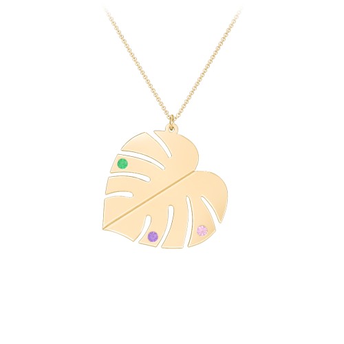 Engravable Monstera Leaf Necklace with Birthstones – 10K Yellow Gold with Emerald, Pink Tourmaline, and Amethyst