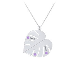 Engravable Monstera Leaf Necklace with Birthstones in 925 Sterling Silver with Amethyst, Ruby, Emerald, and Blue Sapphire