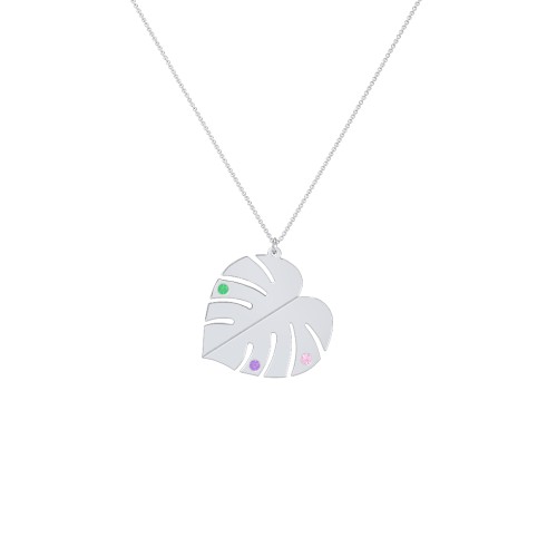 Engravable Monstera Leaf Necklace with Birthstones – Sterling Silver with Emerald, Pink Tourmaline, and Amethyst