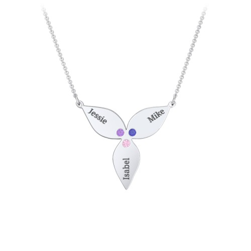 Engravable 3 Petal Flower Birthstone Necklace – Sterling Silver with Amethyst, Blue Sapphire, and Pink Tourmaline