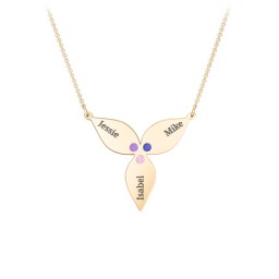 Engravable 3 Petal Flower Birthstone Necklace in 10K Solid Yellow Gold with Amethyst, Blue Sapphire, Pink Tourmaline, and Blue Topaz