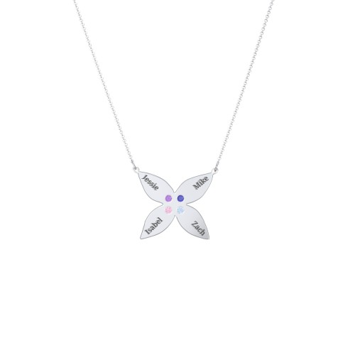 Engravable 4 Petal Flower Birthstone Necklace – Sterling Silver with Amethyst, Blue Sapphire, Pink Tourmaline, and Blue Topaz