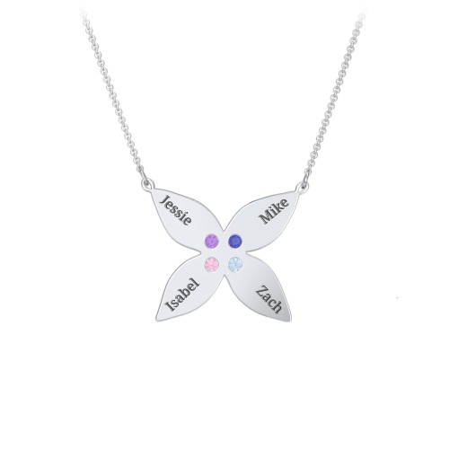 Engravable 4 Petal Flower Birthstone Necklace – Sterling Silver with Amethyst, Blue Sapphire, Pink Tourmaline, and Blue Topaz