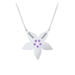 Engravable 5 Petal Flower Birthstone Necklace in 925 Sterling Silver with Amethyst