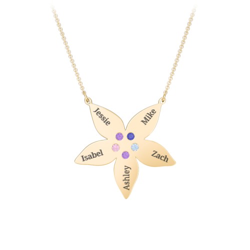 Engravable 5 Petal Flower Birthstone Necklace – 10K Yellow Gold with Amethyst, Blue Sapphire, Pink Tourmaline, and Blue Topaz