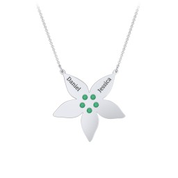 Engravable 5 Petal Flower Birthstone Necklace in 925 Sterling Silver with Emerald