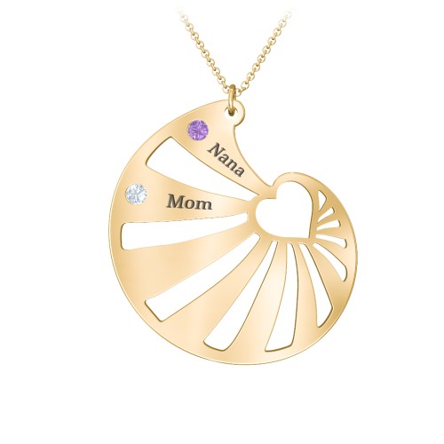 Engravable Spiral Heart Shell Birthstone Necklace – 10K Yellow Gold with Amethyst and Aquamarine