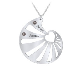 Engravable Spiral Heart Shell Birthstone Necklace in 925 Sterling Silver with Smokey Quartz, Blue Topaz, Diamond, and Pink Tourmaline