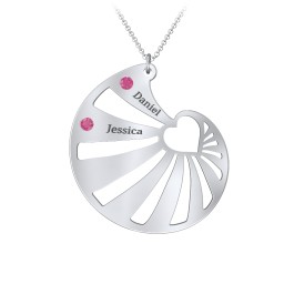 Engravable Spiral Heart Shell Birthstone Necklace in 925 Sterling Silver with Ruby, Blue Topaz, Diamond, and Pink Tourmaline