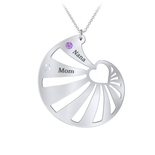Engravable Spiral Heart Shell Birthstone Necklace – Sterling Silver with Amethyst and Aquamarine
