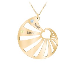 Engravable Spiral Heart Shell Birthstone Necklace in 10K Solid Yellow Gold with Blue Topaz, Citrine, Diamond, and Pink Tourmaline