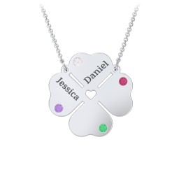 Engravable 4 Leaf Clover Birthstone Necklace in 925 Sterling Silver with Amethyst, Cubic Zirconia, Ruby, and Emerald
