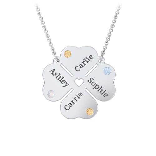 Engravable 4 Leaf Clover Birthstone Necklace – Sterling Silver with Opal, Citrine, and Blue Topaz