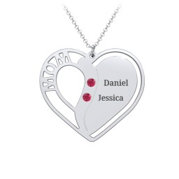 "Mom" Heart Necklace with Row of Birthstones in 925 Sterling Silver with Ruby, Citrine, and Red Premium Zirconia